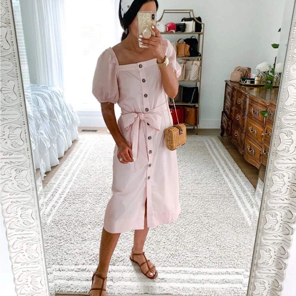 J Crew Cottage midi dress square neck cotton pink belted  XXL AY637 new